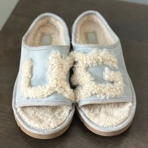 UGG Women's Horizon Blue Natural Shearling Logo Slide Slipper Open Toe Size 6
